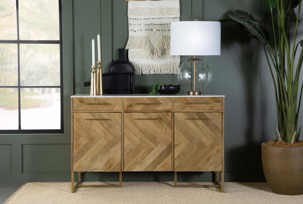 Keaton Natural and Antique Gold 3-Door Accent Cabinet with Marble Top from Coaster - Luna Furniture