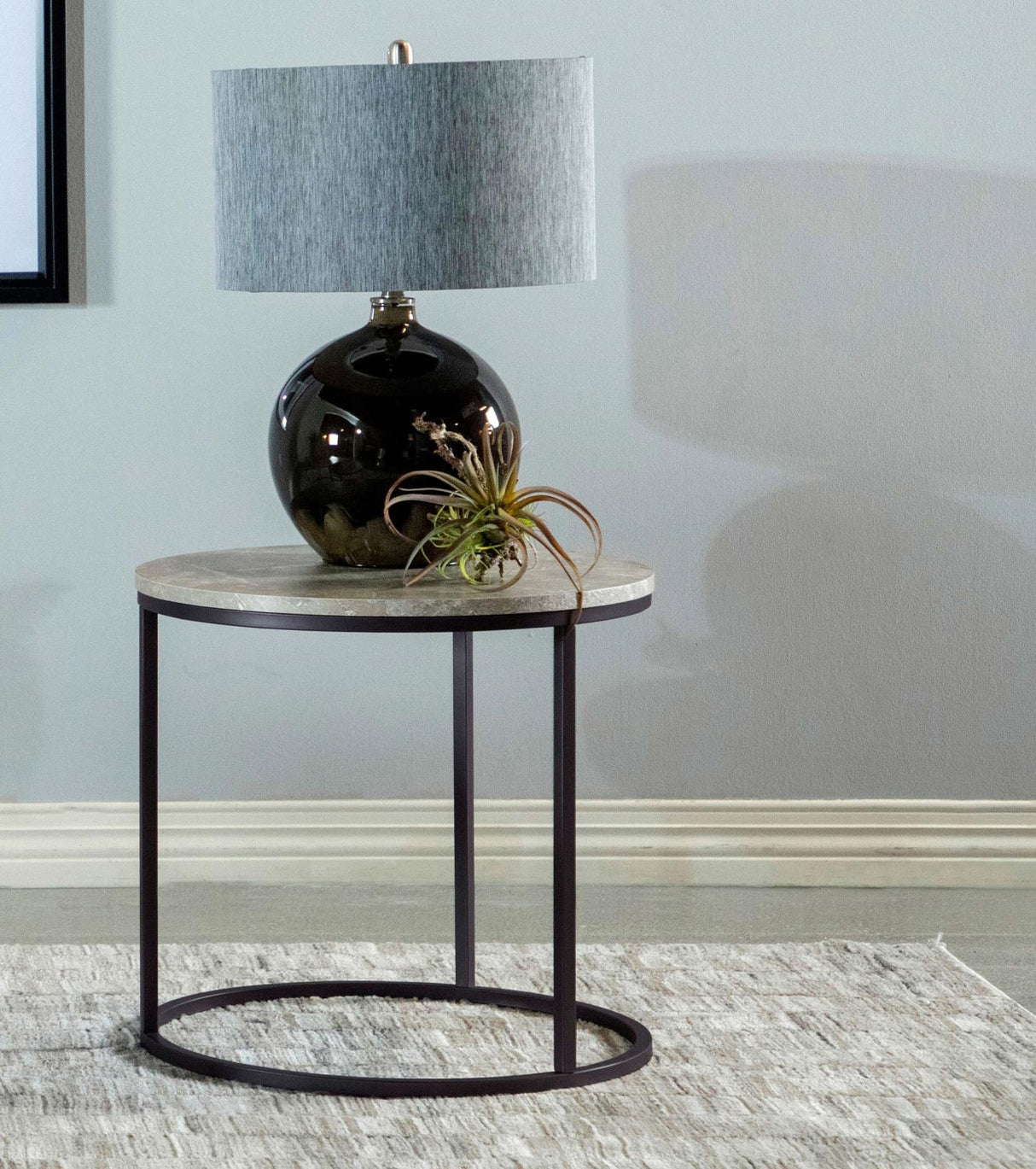 Lainey Gray and Gunmetal Faux Marble Round Top End Table from Coaster - Luna Furniture