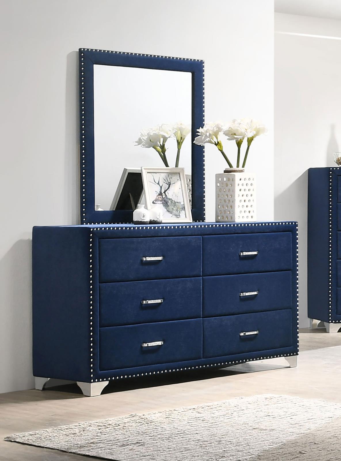 Melody Pacific Blue Upholstered 6-Drawer Dresser with Mirror from Coaster - Luna Furniture