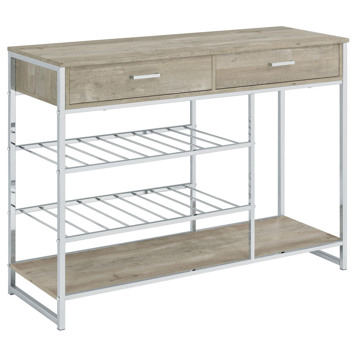 Melrose Gray Washed Oak and Chrome 2-Shelf Wine Cabinet with 2-Drawers from Coaster - Luna Furniture