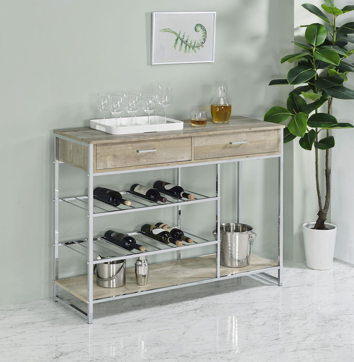 Melrose Gray Washed Oak and Chrome 2-Shelf Wine Cabinet with 2-Drawers from Coaster - Luna Furniture