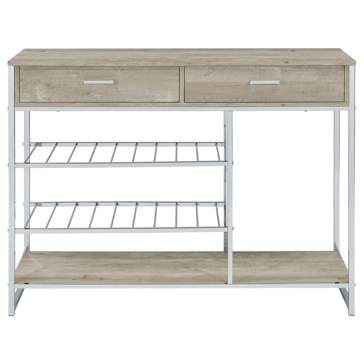 Melrose Gray Washed Oak and Chrome 2-Shelf Wine Cabinet with 2-Drawers from Coaster - Luna Furniture