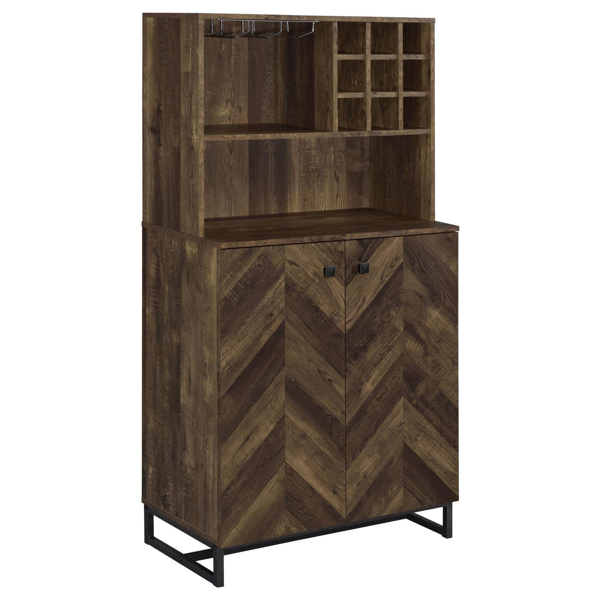 Mendoza Rustic Oak Herringbone and Gunmetal 2-Door Wine Cabinet from Coaster - Luna Furniture