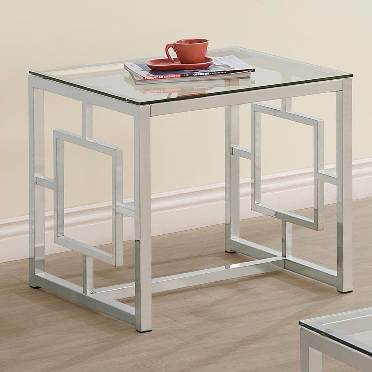 Merced Nickel Square Tempered Glass Top End Table from Coaster - Luna Furniture