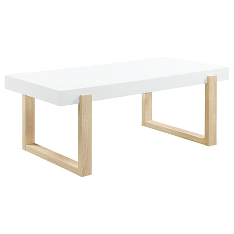 Pala Rectangular Coffee Table with Sled Base White High Gloss and Natural - 753398 - Luna Furniture