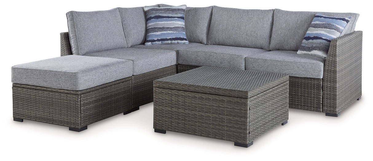 Petal Road Gray Outdoor Loveseat Sectional/Ottoman/Table Set from Ashley - Luna Furniture