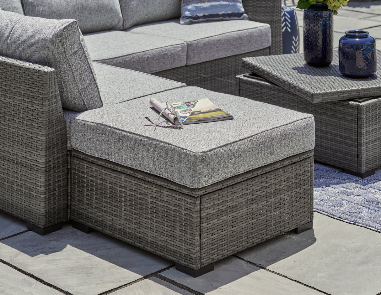 Petal Road Gray Outdoor Loveseat Sectional/Ottoman/Table Set from Ashley - Luna Furniture