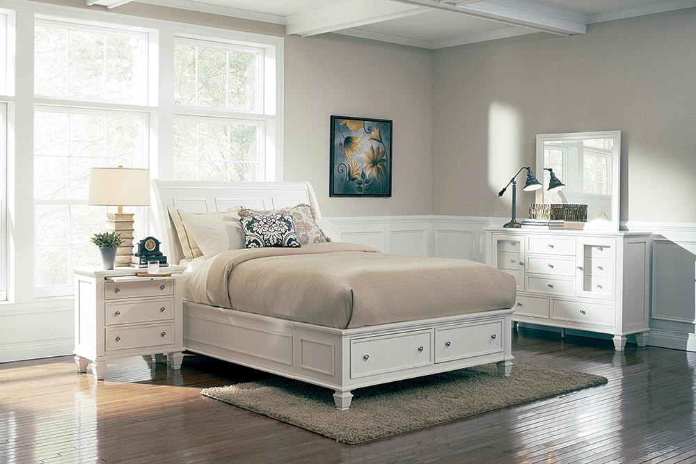 Sandy Beach White 4-Piece Queen Storage Bedroom Set with Sleigh Headboard from Coaster - Luna Furniture