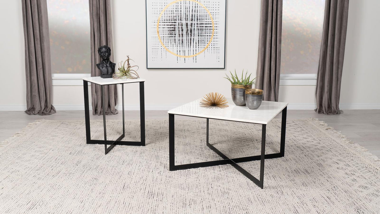 Tobin White and Black Square Marble Top Coffee Table from Coaster - Luna Furniture