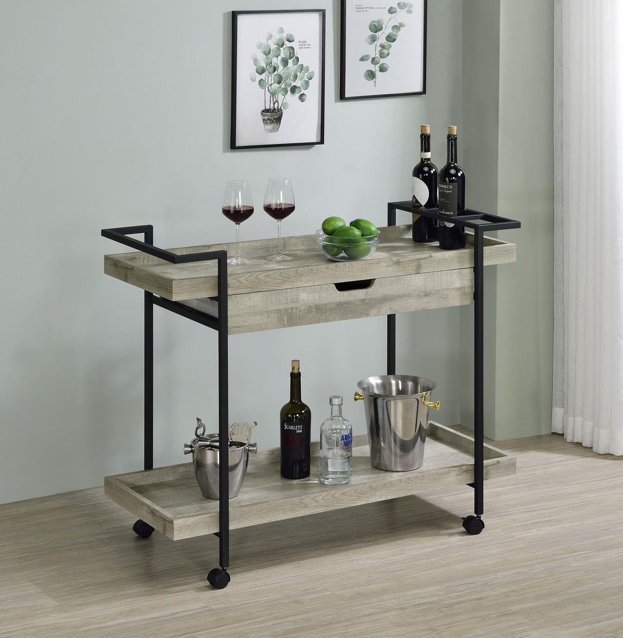 Ventura Gray Driftwood 2-Tier Bar Cart with Storage Drawer from Coaster - Luna Furniture