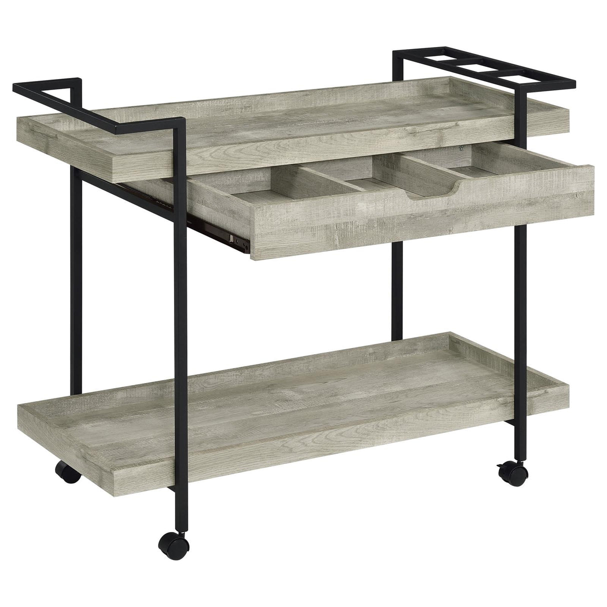 Ventura Gray Driftwood 2-Tier Bar Cart with Storage Drawer from Coaster - Luna Furniture
