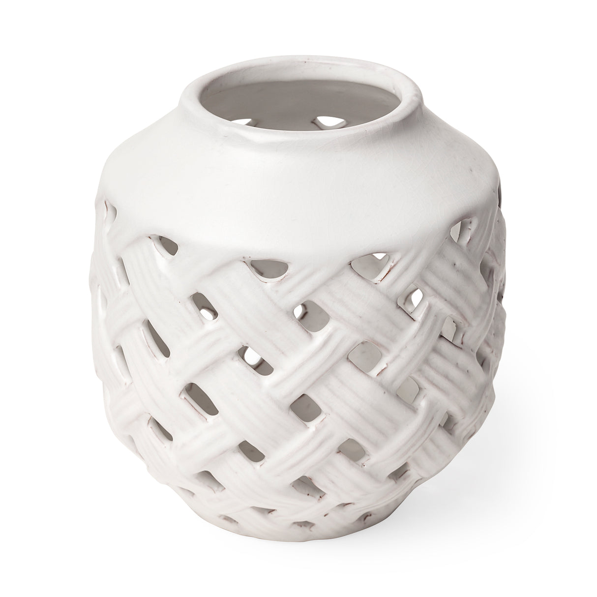 Forillon I Short White Glazed Lattice Pattern Vase from Mercana - Luna Furniture