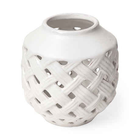 Forillon I Short White Glazed Lattice Pattern Vase from Mercana - Luna Furniture