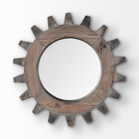 Cog Mirror 17" Round Brown Wood Frame Mirror from Mercana - Luna Furniture