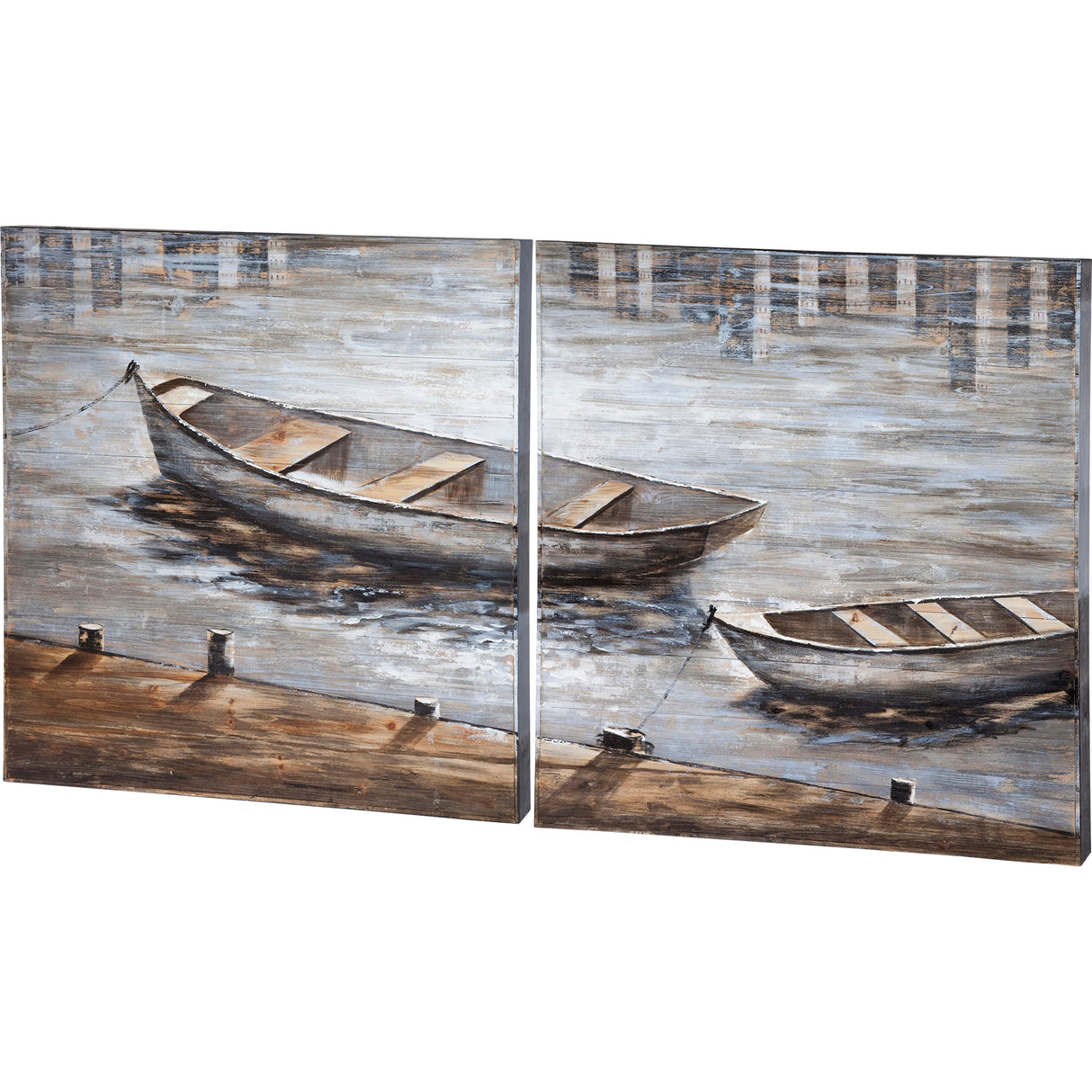 Creekside Diptych 80x40 Boats Original Hand Painted on Wood Oil Painting from Mercana - Luna Furniture