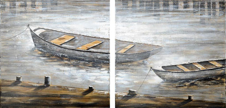 Creekside Diptych 80x40 Boats Original Hand Painted on Wood Oil Painting from Mercana - Luna Furniture