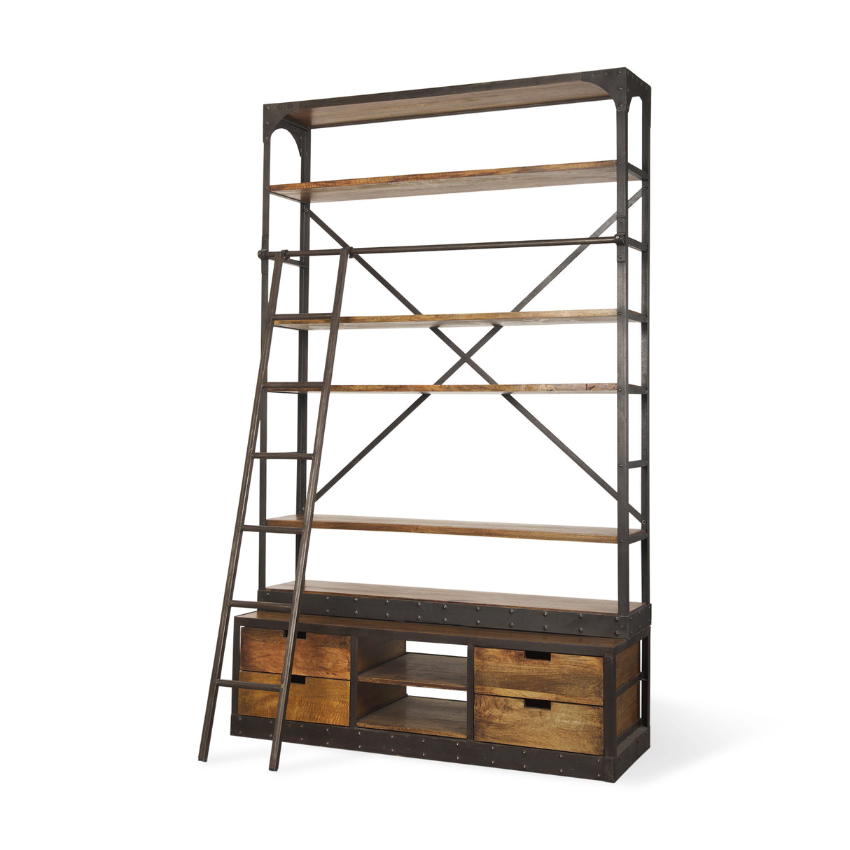 Brodie II Medium Brown Wood Black Ladder Four Shelf Shelving Unit 57L x 20.5W x94H from Mercana - Luna Furniture
