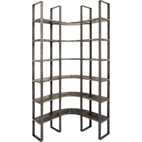 Turner I 37L x 10.5W x 90H Curved Brown Wood and Black Iron Six Shelving Unit from Mercana - Luna Furniture