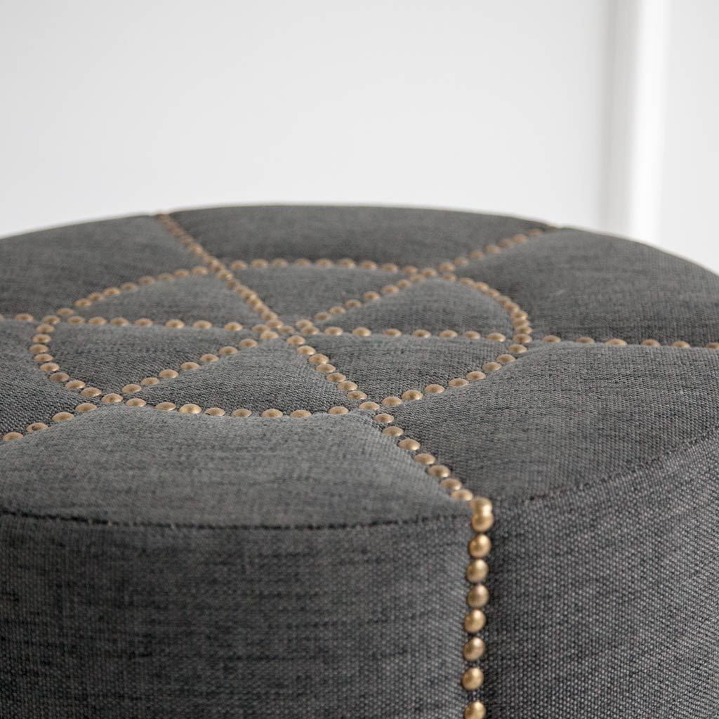 Beacon 20.5"H Gray Fabric w/ Metal Tacks Round Ottoman from Mercana - Luna Furniture