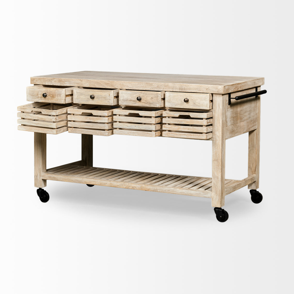 Columbia 62L x 28W x 36H I Light Brown Body w/ Black Iron Knobs Rolling Kitchen Island from Mercana - Luna Furniture