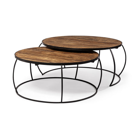 Clapp I Set of 2 (41" & 38") Round Brown Wood Top Black Iron Base Nesting Coffee Tables from Mercana - Luna Furniture