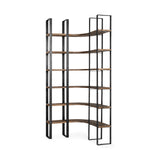 Turner II 37L x 10.5W x 90H Curved Dark Brown Wood And Black Iron Six Shelving Unit from Mercana - Luna Furniture