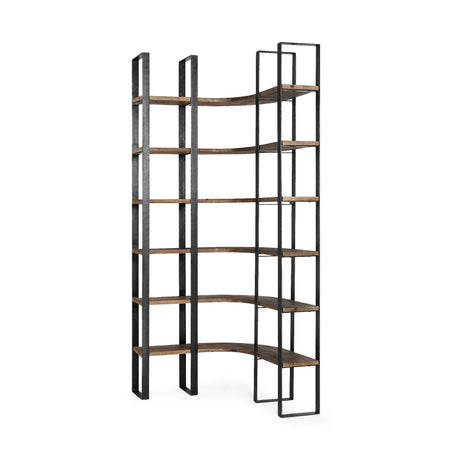 Turner II 37L x 10.5W x 90H Curved Dark Brown Wood And Black Iron Six Shelving Unit from Mercana - Luna Furniture