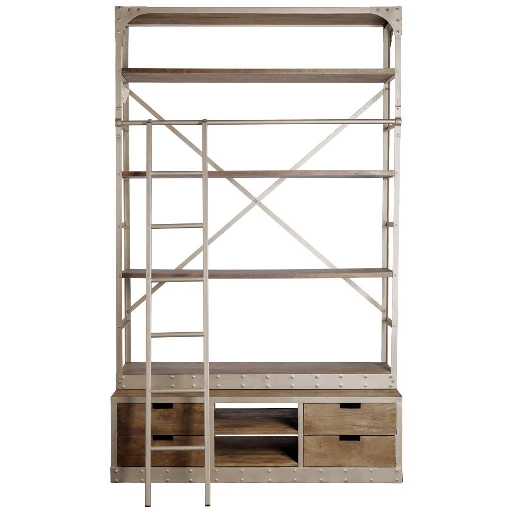 Brodie VI 57L x 20.5W x 94H Light Brown Wood Nickle Ladder Four Shelf Shelving Unit from Mercana - Luna Furniture