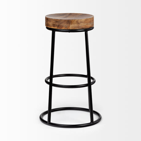 Flynn 26.25" Seat Height Brown Wood Seat Black Metal Frame Stool from Mercana - Luna Furniture
