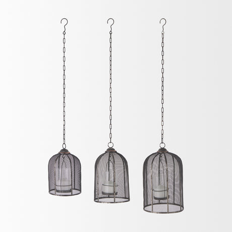 Jutland Set of Three Black Metal Bird Cage Candle Holder Lanterns from Mercana - Luna Furniture