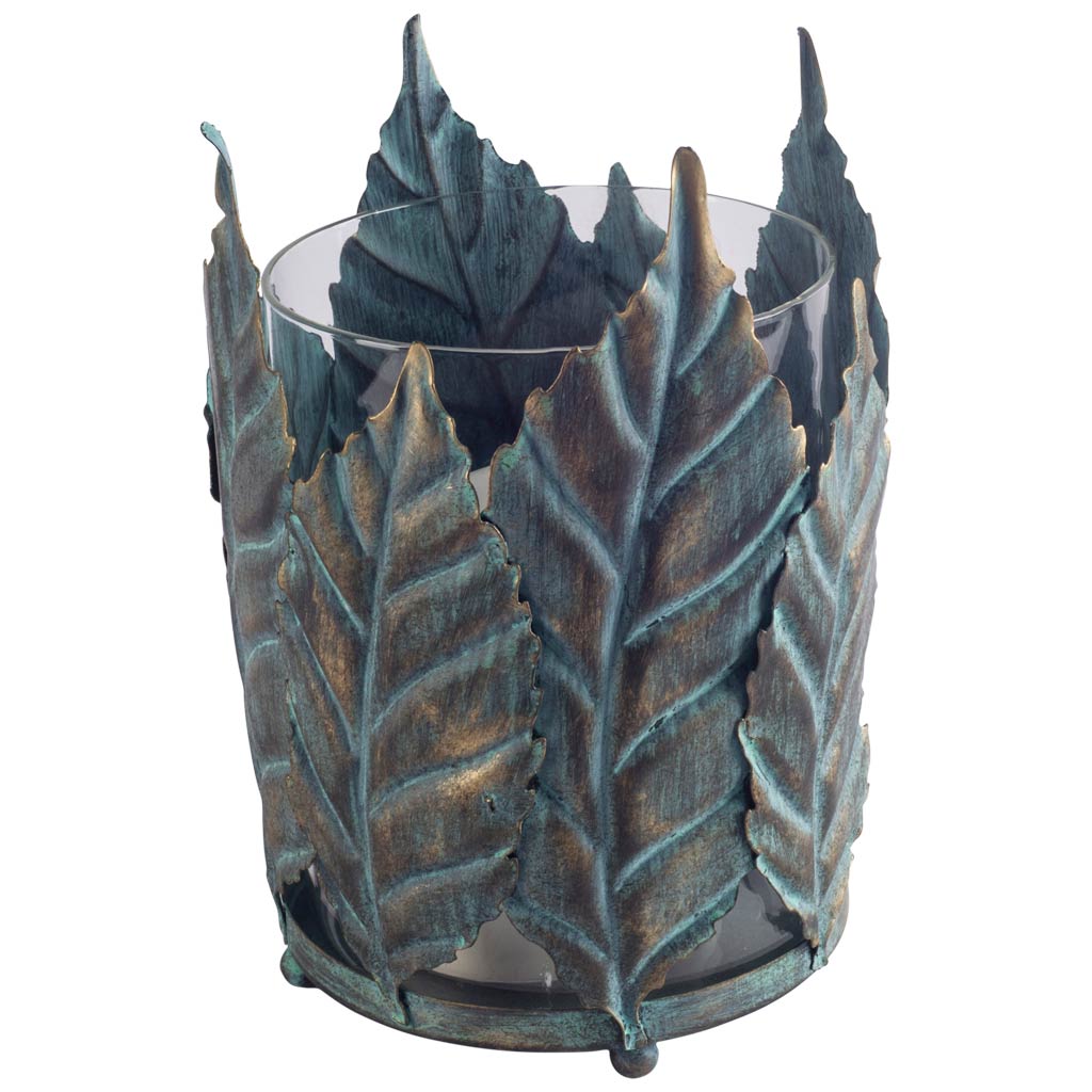 Pana I Small Green/Gold Metal Leaf Table Candle Holder from Mercana - Luna Furniture