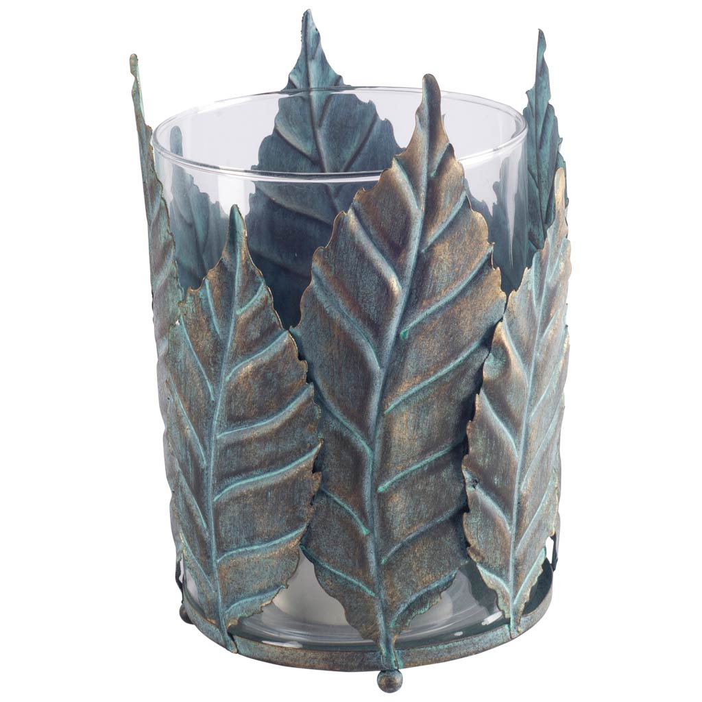 Pana II Large Green/Gold Metal Leaf Table Candle Holder from Mercana - Luna Furniture
