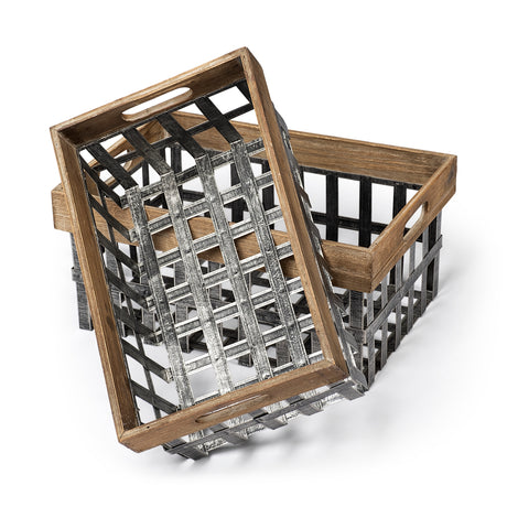 Chartrand Set of 2 Wood And Metal Open Crate Style Baskets from Mercana - Luna Furniture