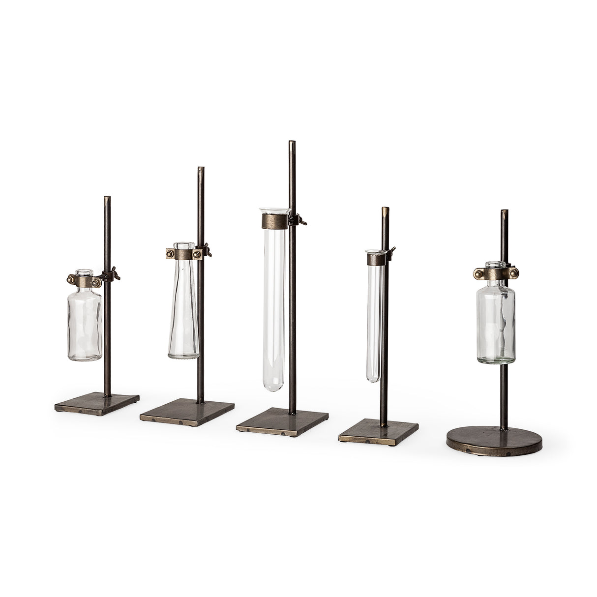 Jarvis Set of Five Dark Brown Metal and Glass Chemistry Inspired Bottles from Mercana - Luna Furniture