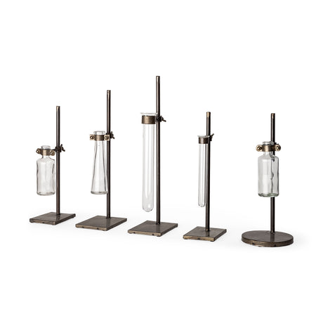 Jarvis Set of Five Dark Brown Metal and Glass Chemistry Inspired Bottles from Mercana - Luna Furniture