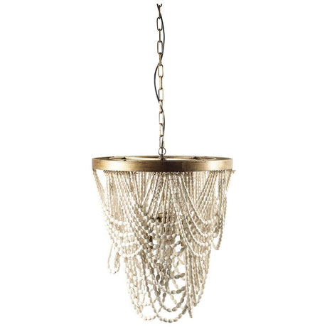 Pendra (26"x23") Gold Metal Whitewashed Wooden Bead Three Bulb Chandelier from Mercana - Luna Furniture