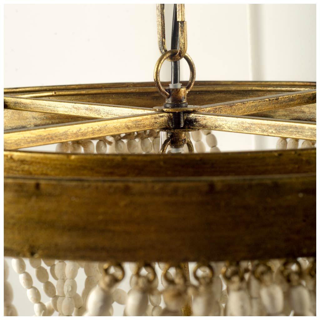 Pendra (26"x23") Gold Metal Whitewashed Wooden Bead Three Bulb Chandelier from Mercana - Luna Furniture