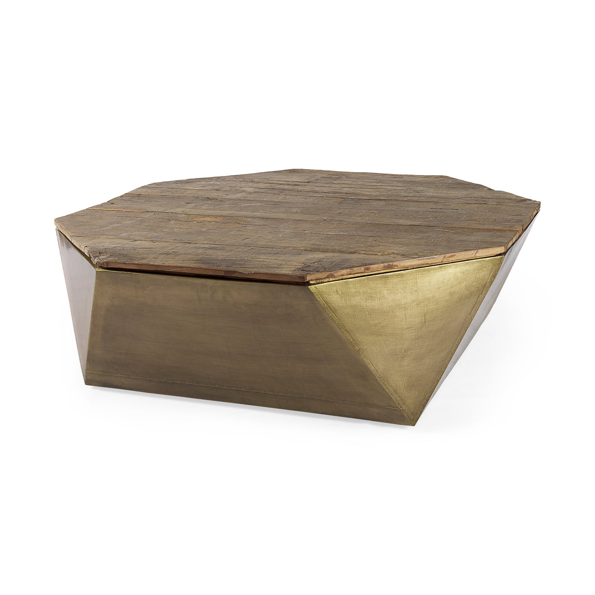 Esagono Octagonal Gold Metal-Clad Reclaimed Wood Coffee Table w/ Storage from Mercana - Luna Furniture