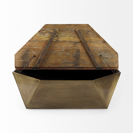 Esagono Octagonal Gold Metal-Clad Reclaimed Wood Coffee Table w/ Storage from Mercana - Luna Furniture
