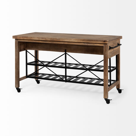 Stuart I Brown Solid Wood Top Two-Tier Black Metal Rolling Kitchen Island from Mercana - Luna Furniture