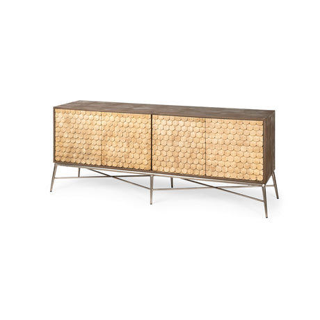 Swordfish 72L x 19W x 30.25H Two-Tone Brown Wood Cabinet Silver Metal Base 4 Cabinet Door Sideboard from Mercana - Luna Furniture