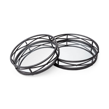 Piers (Set of 2) Black Metal Mirrored Round Trays from Mercana - Luna Furniture