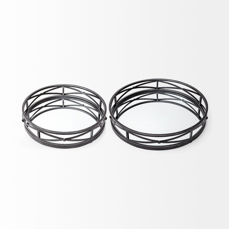 Piers (Set of 2) Black Metal Mirrored Round Trays from Mercana - Luna Furniture