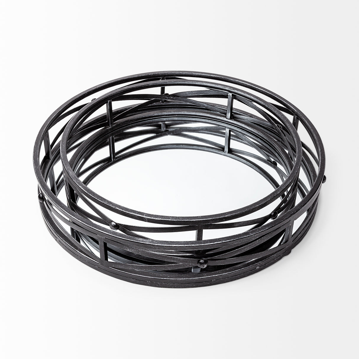 Piers (Set of 2) Black Metal Mirrored Round Trays from Mercana - Luna Furniture
