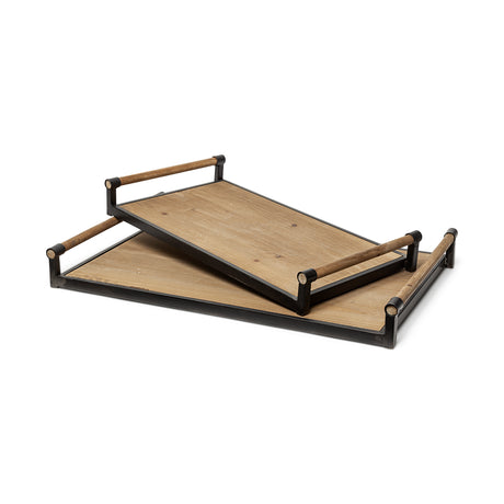 Benson Set of 2 Brown Wood Black Metal Trays from Mercana - Luna Furniture