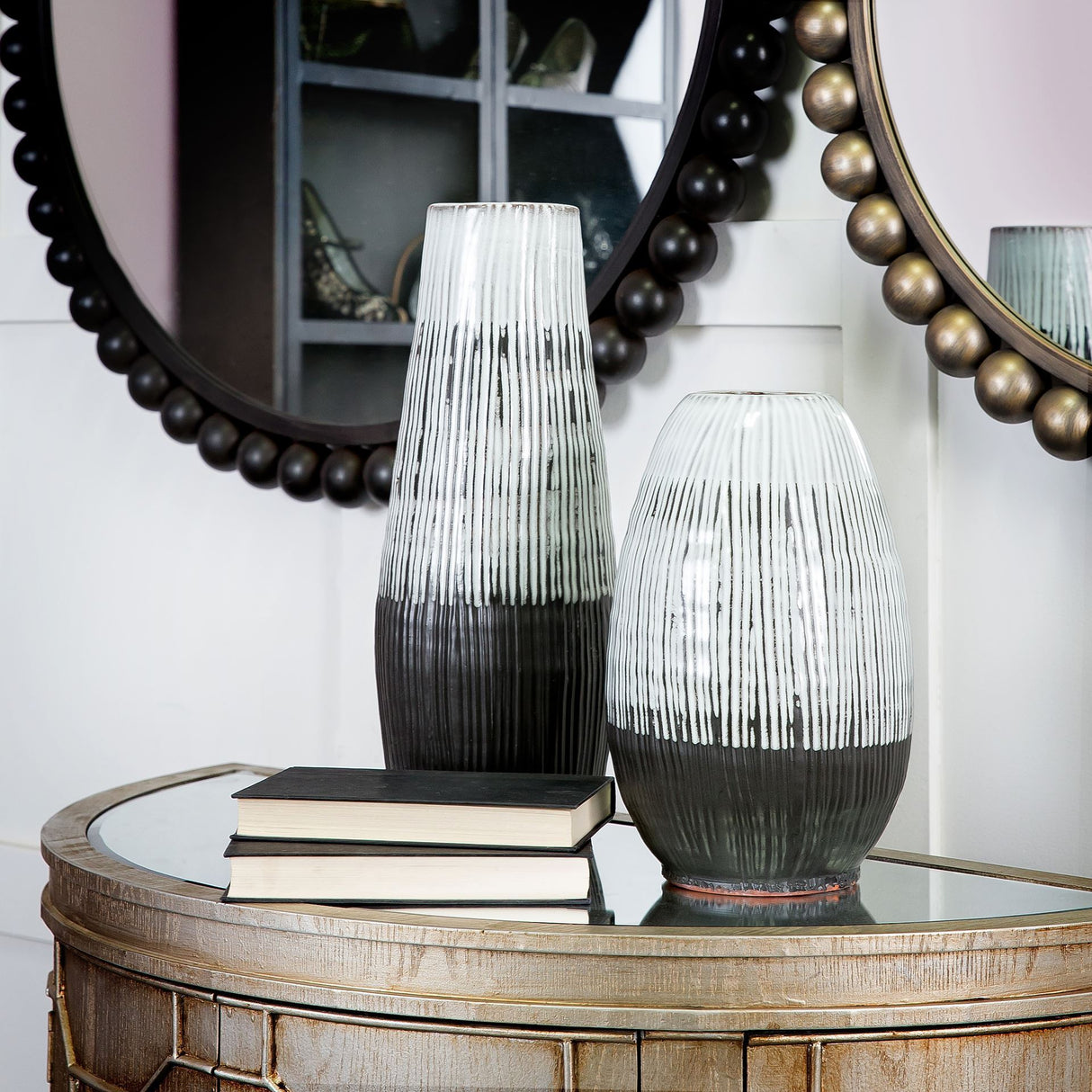 Tanami II Short Dark Brown/White Glazed Ceramic Vase from Mercana - Luna Furniture