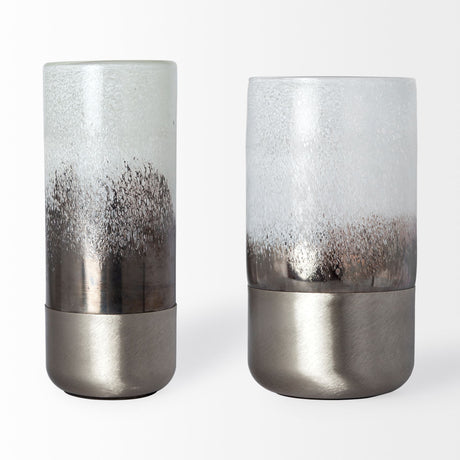Baltic II Large White Brushed Silver Metal Bottom Glass Vase from Mercana - Luna Furniture