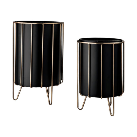 Pianta 13 x 21 Set of Two Black Metal Insert Brass Frame Plant Stands from Mercana - Luna Furniture
