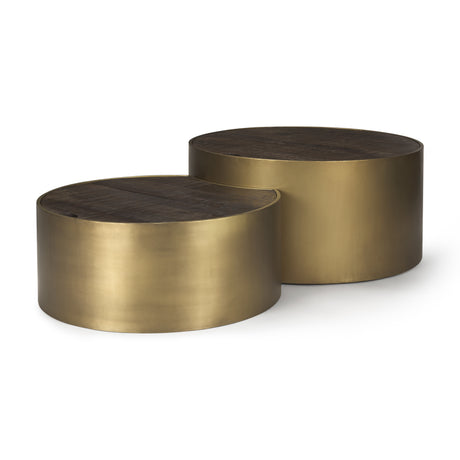 Eclipse Antique Brass Metal Drum Base w/ Dark Brown Wood Top Nested Coffee Table from Mercana - Luna Furniture