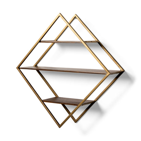 Neil I Diamond Shape Wall Mounted Brass Frame w Three Wood Wall Shelves from Mercana - Luna Furniture